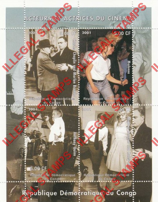 Congo Democratic Republic 2001 Cinema Actors and actresses Illegal Stamp Souvenir Sheet of 4 Congo Democratic Republic 2001 Cinema Actors and actresses Illegal Stamp Souvenir Sheet of 4