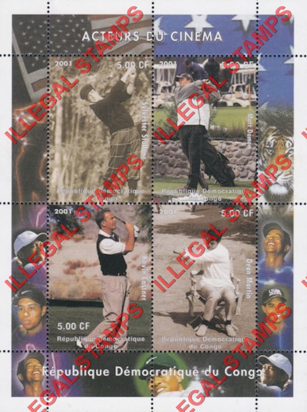 Congo Democratic Republic 2001 Cinema Actors Playing Golf Illegal Stamp Souvenir Sheet of 4 Congo Democratic Republic 2001 Cinema Actors Playing Golf Illegal Stamp Souvenir Sheet of 4