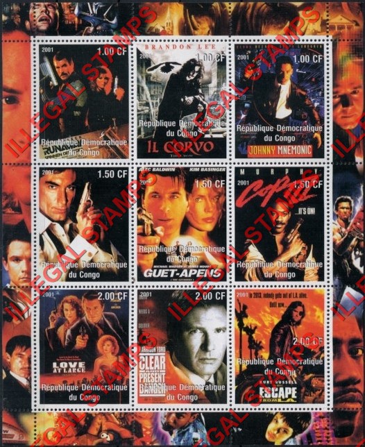 Congo Democratic Republic 2001 Cinema Films Illegal Stamp Sheet of 9 Congo Democratic Republic 2001 Cinema Films Illegal Stamp Sheet of 9