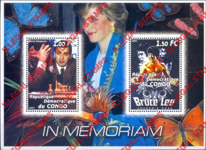 Congo Democratic Republic 2001 Diana Memoriam with Chess Player Garry Kasperov and Bruce Lee Illegal Stamp Souvenir Sheet of 2 Congo Democratic Republic 2001 Diana Memoriam with Chess Player Garry Kasperov and Bruce Lee Illegal Stamp Souvenir Sheet of 2