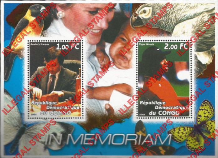 Congo Democratic Republic 2001 Diana Memoriam with Chess Player Anatoly Karpov and Tiger Woods Illegal Stamp Souvenir Sheet of 2 Congo Democratic Republic 2001 Diana Memoriam with Chess Player Anatoly Karpov and Tiger Woods Illegal Stamp Souvenir Sheet of 2