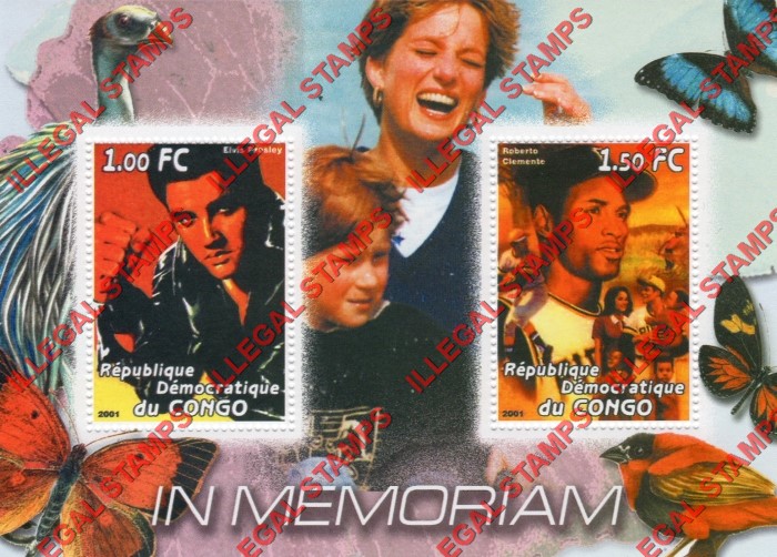 Congo Democratic Republic 2001 Diana Memoriam with Elvis Presley and Roberto Clemente Illegal Stamp Souvenir Sheet of 2 Congo Democratic Republic 2001 Diana Memoriam with Elvis Presley and Roberto Clemente Illegal Stamp Souvenir Sheet of 2