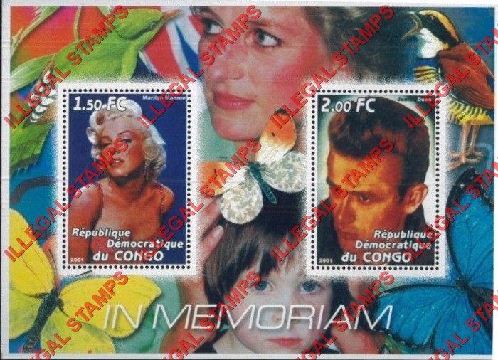Congo Democratic Republic 2001 Diana Memoriam with Marilyn Monroe and James Dean Illegal Stamp Souvenir Sheet of 2 Congo Democratic Republic 2001 Diana Memoriam with Marilyn Monroe and James Dean Illegal Stamp Souvenir Sheet of 2