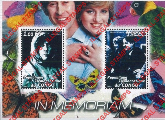 Congo Democratic Republic 2001 Diana Memoriam with Roald Amundsen and Charlie Chaplin Illegal Stamp Souvenir Sheet of 2 Congo Democratic Republic 2001 Diana Memoriam with Roald Amundsen and Charlie Chaplin Illegal Stamp Souvenir Sheet of 2