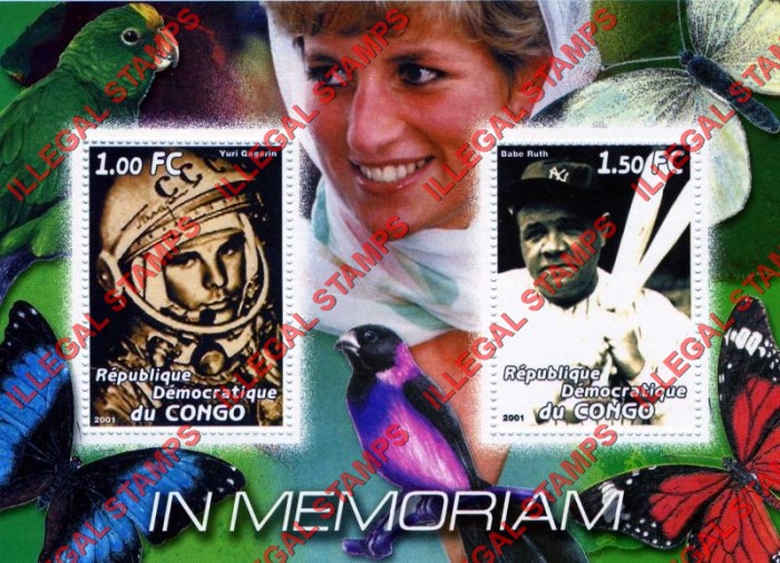 Congo Democratic Republic 2001 Diana Memoriam with Yuri Gagarin and Babe Ruth Illegal Stamp Souvenir Sheet of 2 Congo Democratic Republic 2001 Diana Memoriam with Yuri Gagarin and Babe Ruth Illegal Stamp Souvenir Sheet of 2