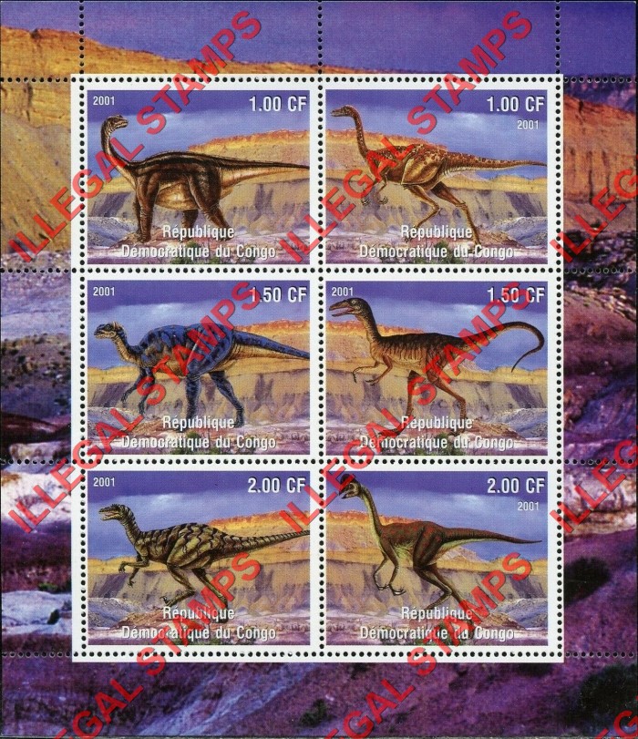 Congo Democratic Republic 2001 Dinosaurs Illegal Stamp Sheet of 6 Congo Democratic Republic 2001 Dinosaurs Illegal Stamp Sheet of 6