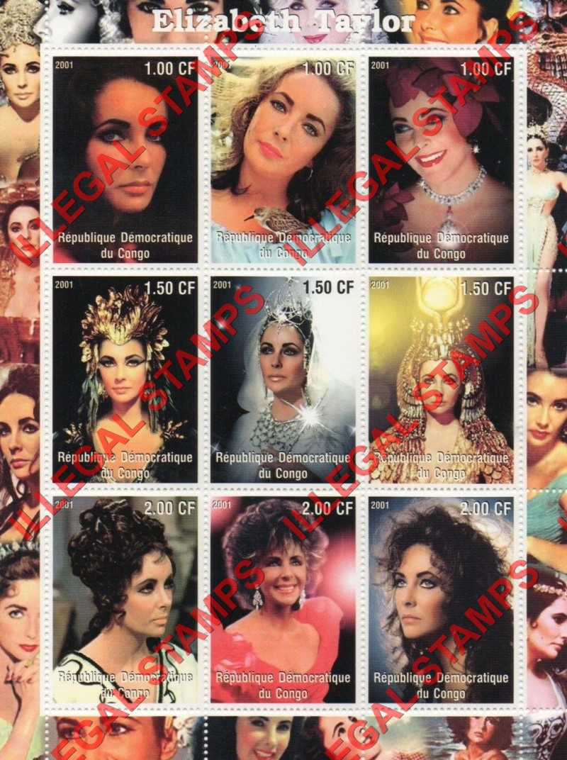 Congo Democratic Republic 2001 Elizabeth Taylor Illegal Stamp Sheet of 9 Congo Democratic Republic 2001 Elizabeth Taylor Illegal Stamp Sheet of 9