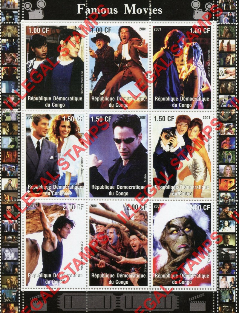 Congo Democratic Republic 2001 Famous Movies Illegal Stamp Sheet of 9 Congo Democratic Republic 2001 Famous Movies Illegal Stamp Sheet of 9