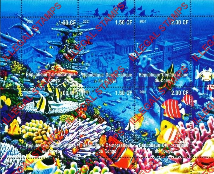 Congo Democratic Republic 2001 Fish and Atlantis Illegal Stamp Souvenir Sheet of 6 Congo Democratic Republic 2001 Fish and Atlantis Illegal Stamp Souvenir Sheet of 6