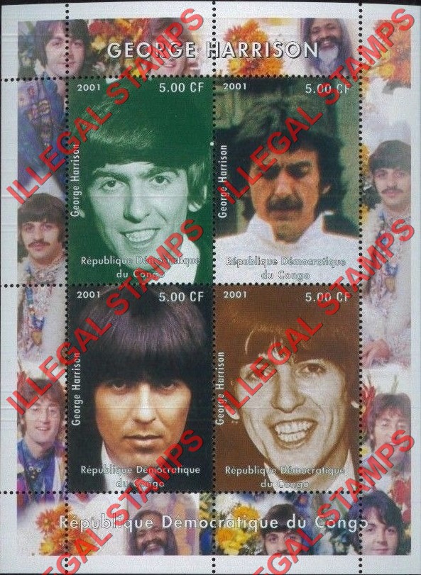 Congo Democratic Republic 2001 George Harrison The Beatles Illegal Stamp Souvenir Sheet of 4 Congo Democratic Republic 2001 George Harrison The Beatles Illegal Stamp Souvenir Sheet of 4