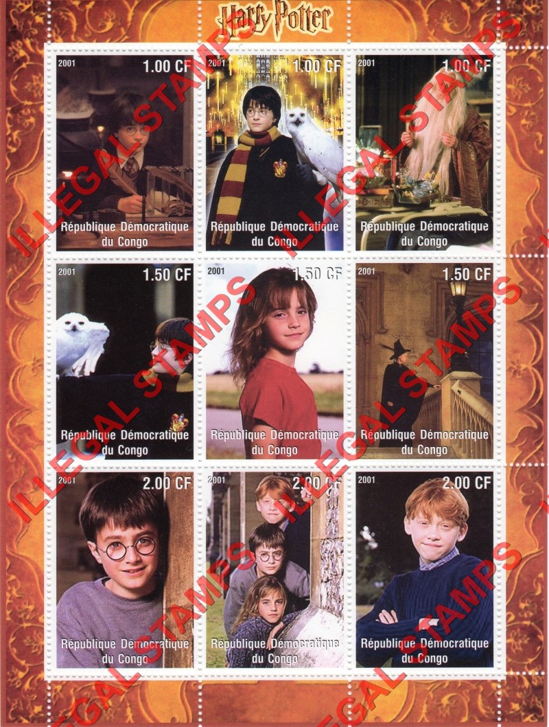 Congo Democratic Republic 2001 Harry Potter Illegal Stamp Sheet of 9 Congo Democratic Republic 2001 Harry Potter Illegal Stamp Sheet of 9