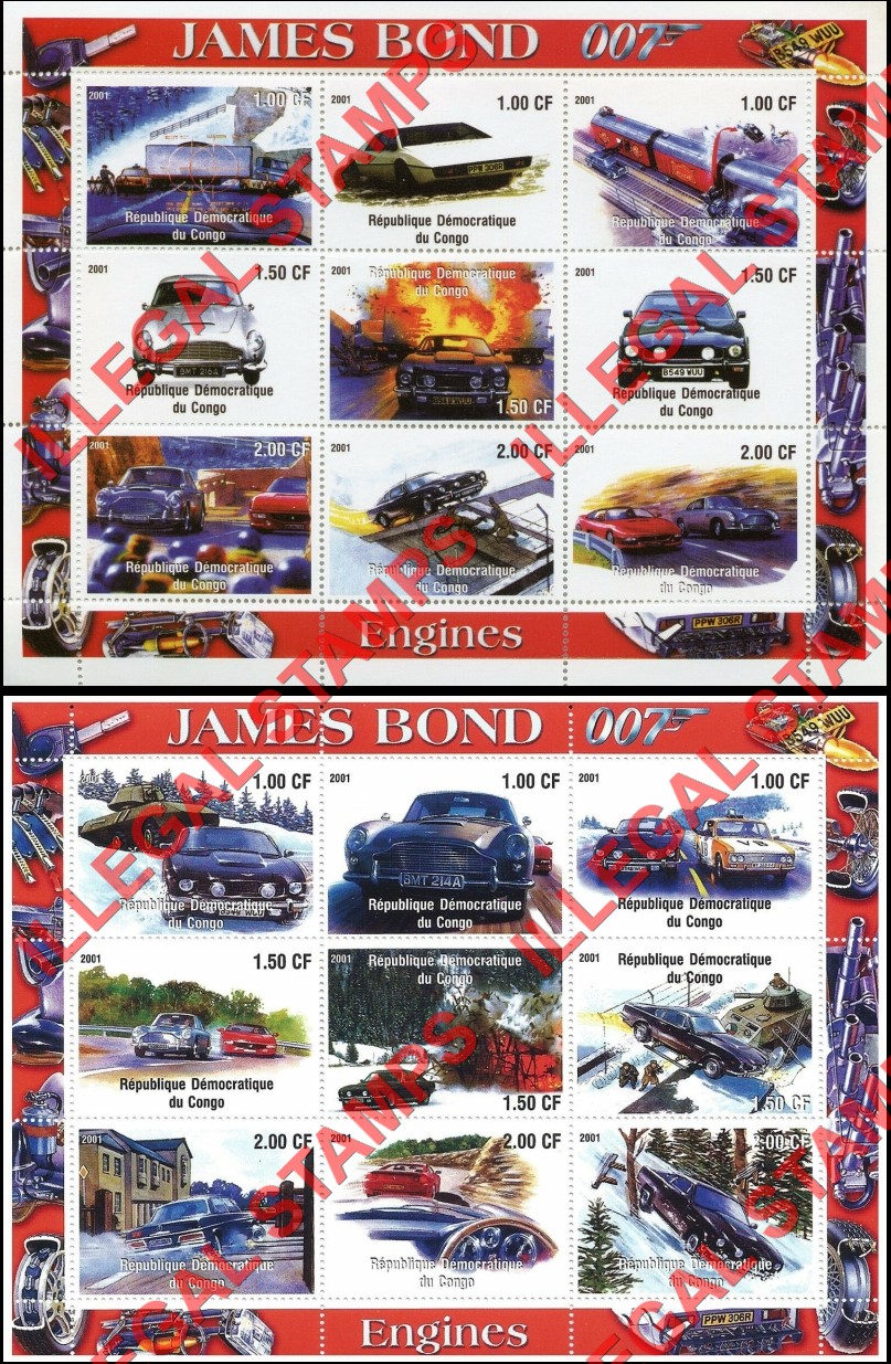 Congo Democratic Republic 2001 James Bond Engines Illegal Stamp Sheets of 9 Congo Democratic Republic 2001 James Bond Engines Illegal Stamp Sheets of 9