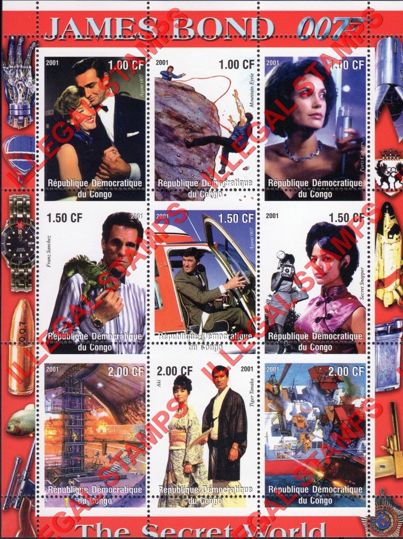 Congo Democratic Republic 2001 James Bond The Secret World Illegal Stamp Sheet of 9 with moved perforations Congo Democratic Republic 2001 James Bond The Secret World Illegal Stamp Sheet of 9 with moved perforations