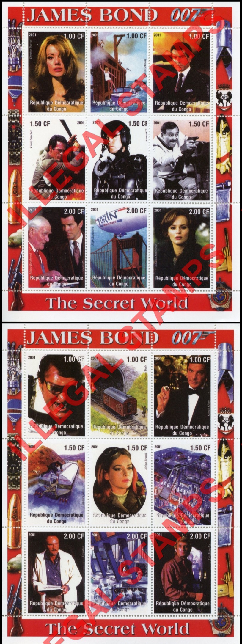 Congo Democratic Republic 2001 James Bond The Secret World Illegal Stamp Sheets of 9 (Part 1) Congo Democratic Republic 2001 James Bond The Secret World Illegal Stamp Sheets of 9 (Part 1)