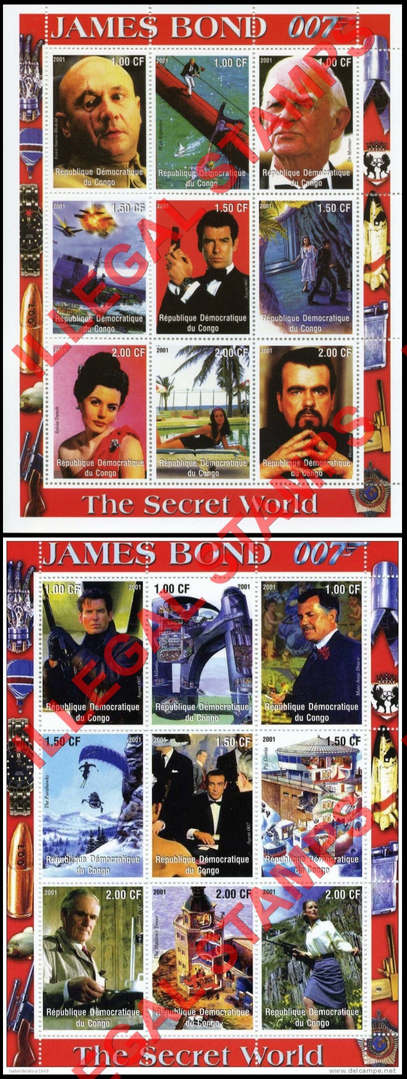 Congo Democratic Republic 2001 James Bond The Secret World Illegal Stamp Sheets of 9 (Part 2) Congo Democratic Republic 2001 James Bond The Secret World Illegal Stamp Sheets of 9 (Part 2)