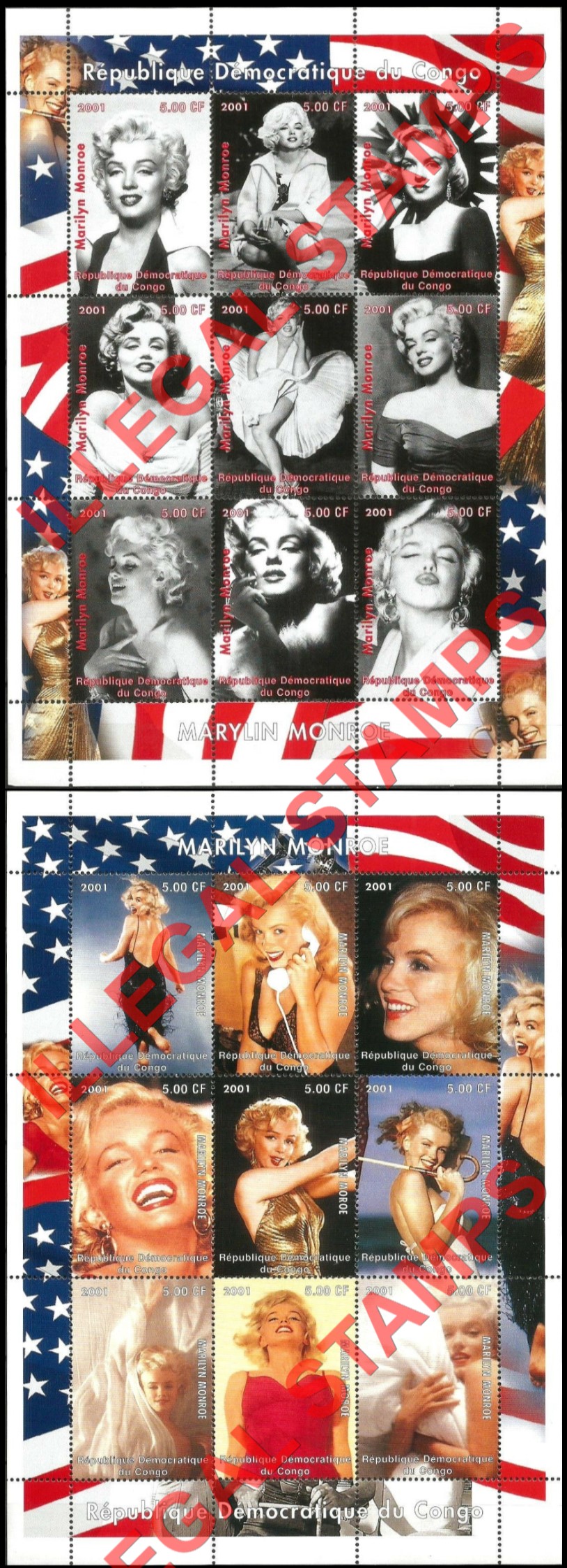 Congo Democratic Republic 2001 Marilyn Monroe Illegal Stamp Sheets of 9 Congo Democratic Republic 2001 Marilyn Monroe Illegal Stamp Sheets of 9