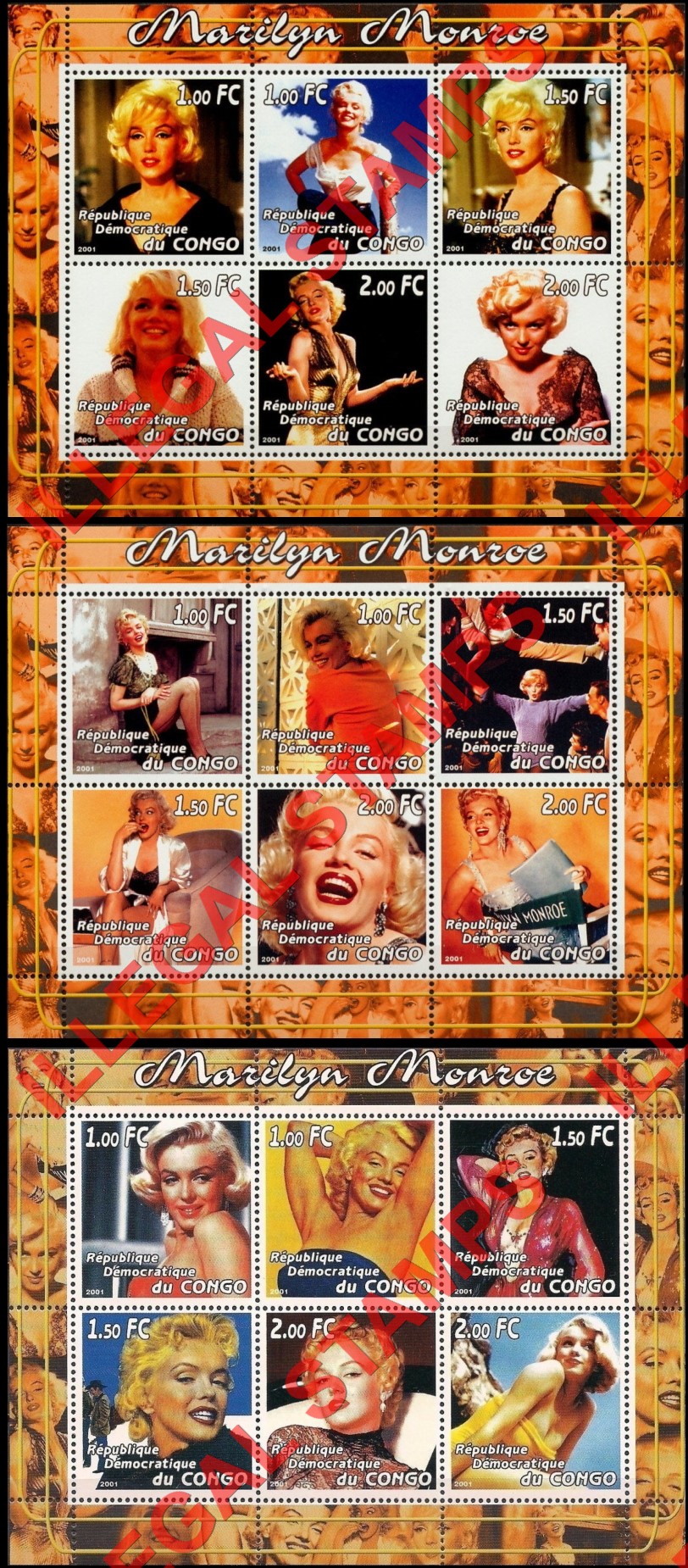 Congo Democratic Republic 2001 Marilyn Monroe Illegal Stamp Souvenir Sheets of 6 Congo Democratic Republic 2001 Marilyn Monroe Illegal Stamp Souvenir Sheets of 6