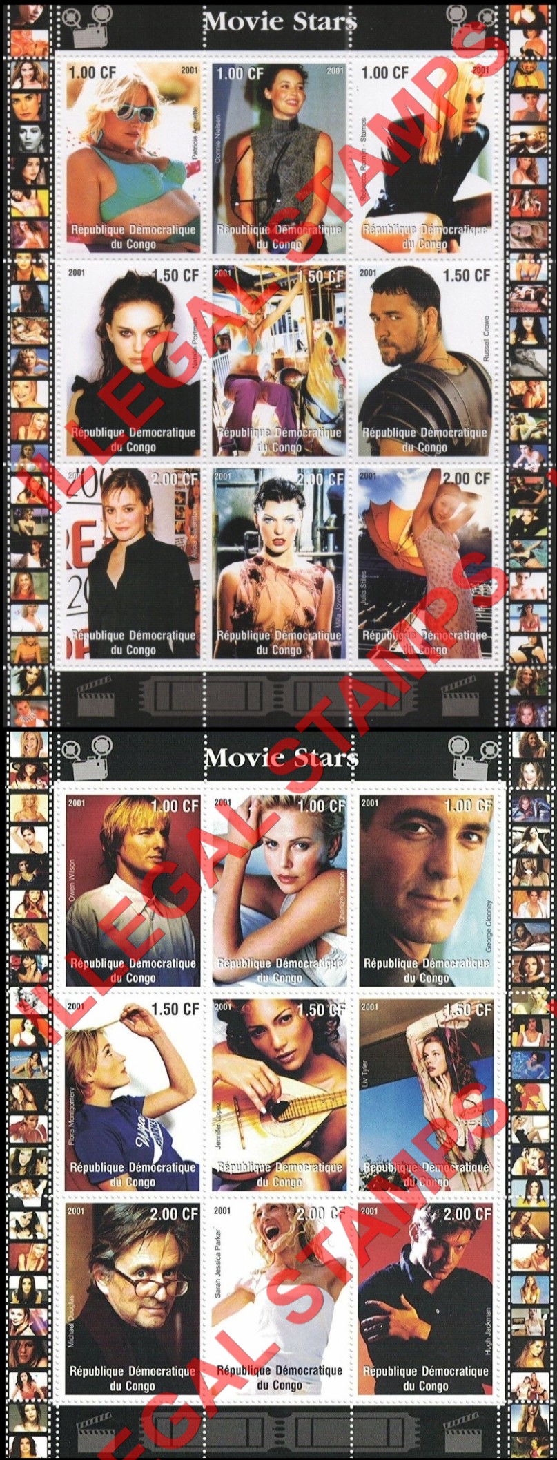 Congo Democratic Republic 2001 Movie Stars Illegal Stamp Sheets of 9 Congo Democratic Republic 2001 Movie Stars Illegal Stamp Sheets of 9