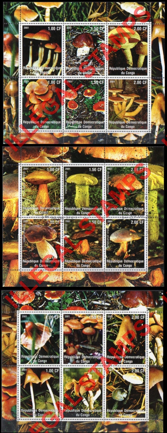 Congo Democratic Republic 2001 Mushrooms Illegal Stamp Souvenir Sheets of 6 Congo Democratic Republic 2001 Mushrooms Illegal Stamp Souvenir Sheets of 6