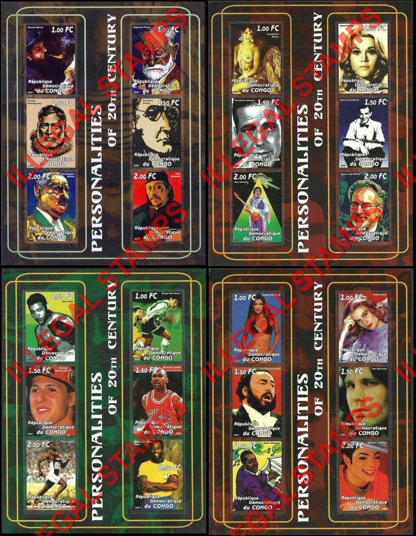 Congo Democratic Republic 2001 Personalities of the 20th Century Illegal Stamp Souvenir Sheets of 6 (Part 2) Congo Democratic Republic 2001 Personalities of the 20th Century Illegal Stamp Souvenir Sheets of 6 (Part 2)