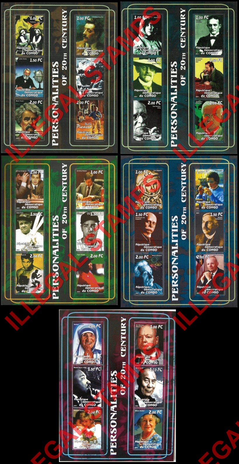 Congo Democratic Republic 2001 Personalities of the 20th Century Illegal Stamp Souvenir Sheets of 6 (Part 4) Congo Democratic Republic 2001 Personalities of the 20th Century Illegal Stamp Souvenir Sheets of 6 (Part 4)