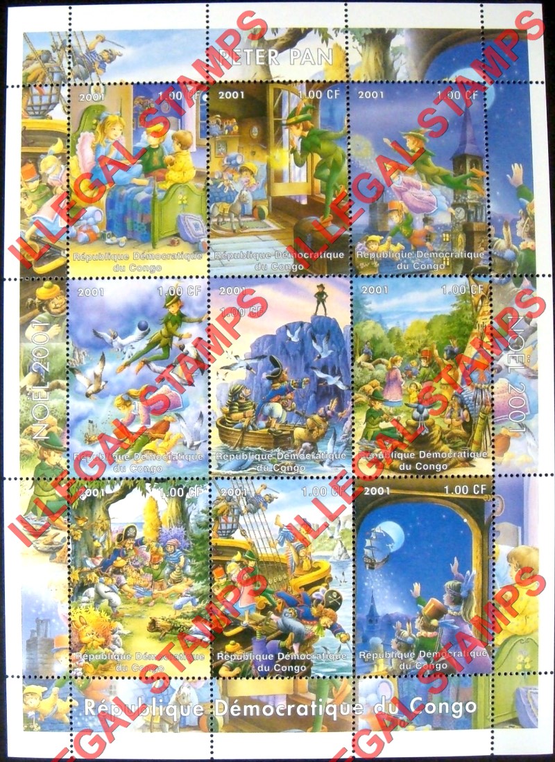 Congo Democratic Republic 2001 Peter Pan Illegal Stamp Sheet of 9 Congo Democratic Republic 2001 Peter Pan Illegal Stamp Sheet of 9