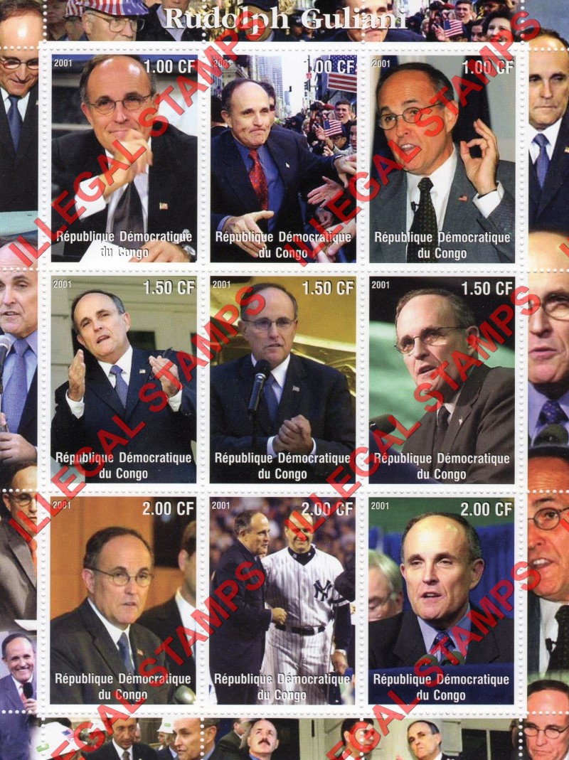 Congo Democratic Republic 2001 Rudolf Guliani Illegal Stamp Sheet of 9 Congo Democratic Republic 2001 Rudolf Guliani Illegal Stamp Sheet of 9
