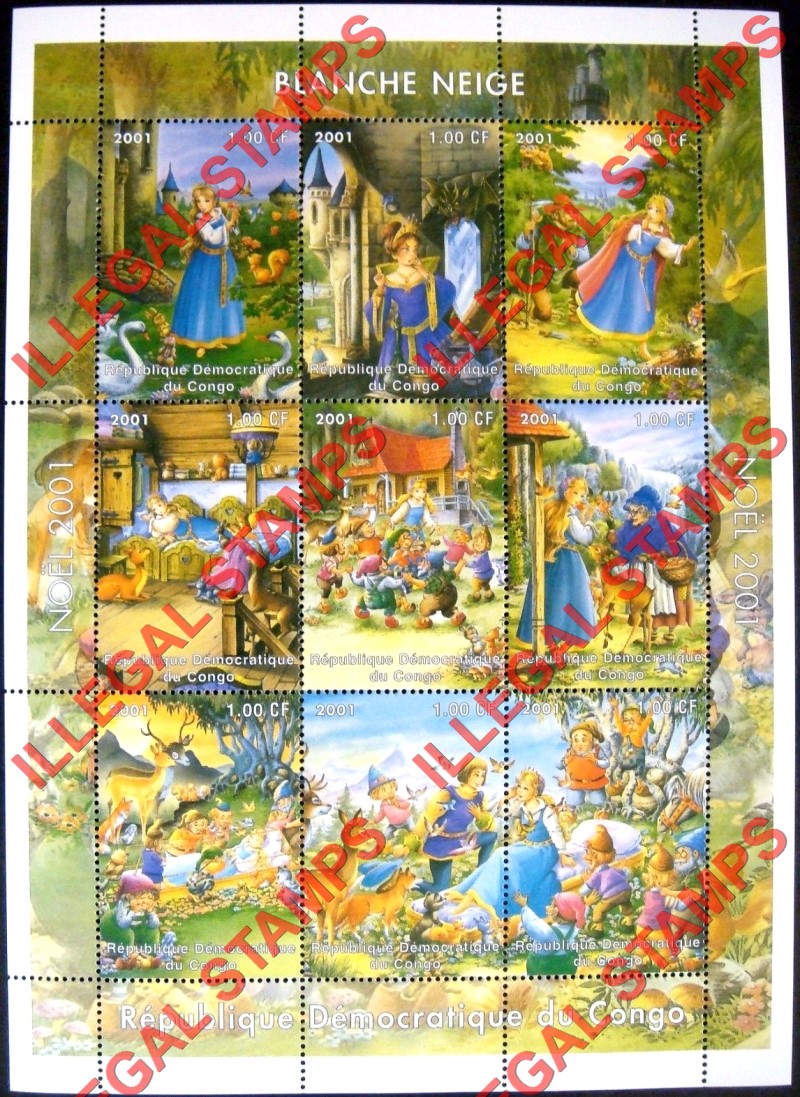 Congo Democratic Republic 2001 Snow White Illegal Stamp Sheet of 9 Congo Democratic Republic 2001 Snow White Illegal Stamp Sheet of 9