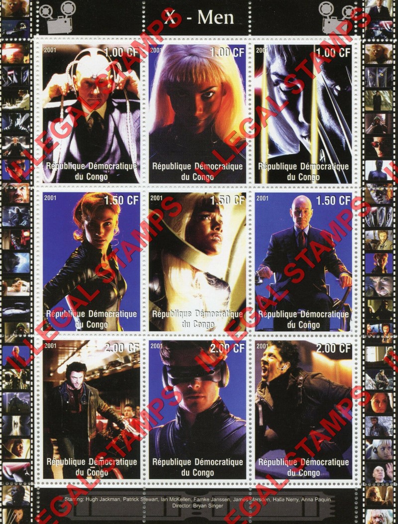 Congo Democratic Republic 2001 X-Men Illegal Stamp Sheet of 9 Congo Democratic Republic 2001 X-Men Illegal Stamp Sheet of 9