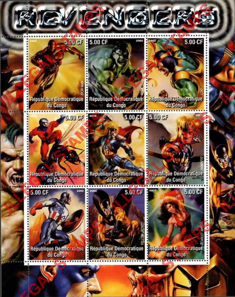 Congo Democratic Republic 2002 Avengers Illegal Stamp Sheet of 9 Congo Democratic Republic 2002 Avengers Illegal Stamp Sheet of 9