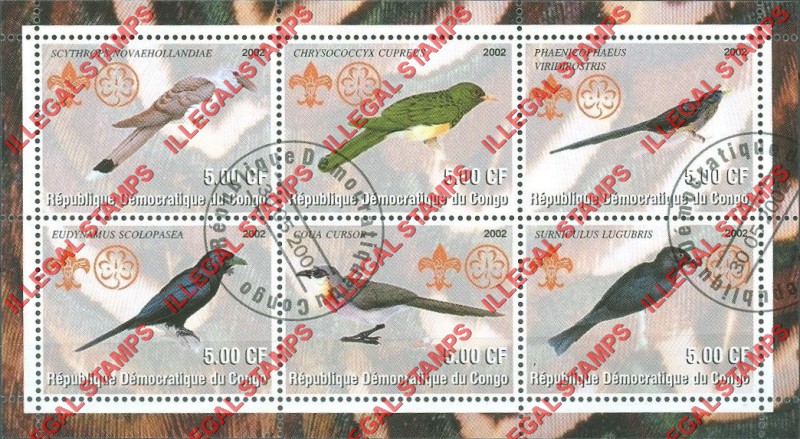 Congo Democratic Republic 2002 Birds Cuckoos Illegal Stamp Souvenir Sheet of 6 Congo Democratic Republic 2002 Birds Cuckoos Illegal Stamp Souvenir Sheet of 6