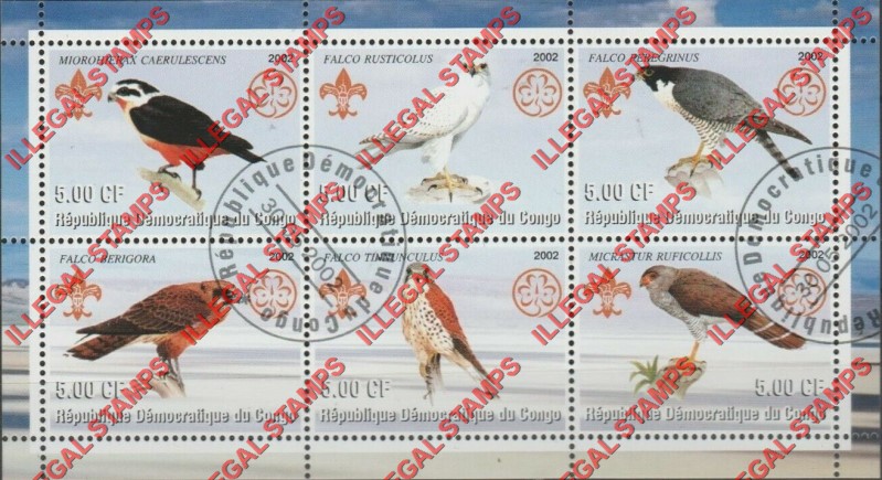 Congo Democratic Republic 2002 Birds Falcons Illegal Stamp Souvenir Sheet of 6 Congo Democratic Republic 2002 Birds Falcons Illegal Stamp Souvenir Sheet of 6