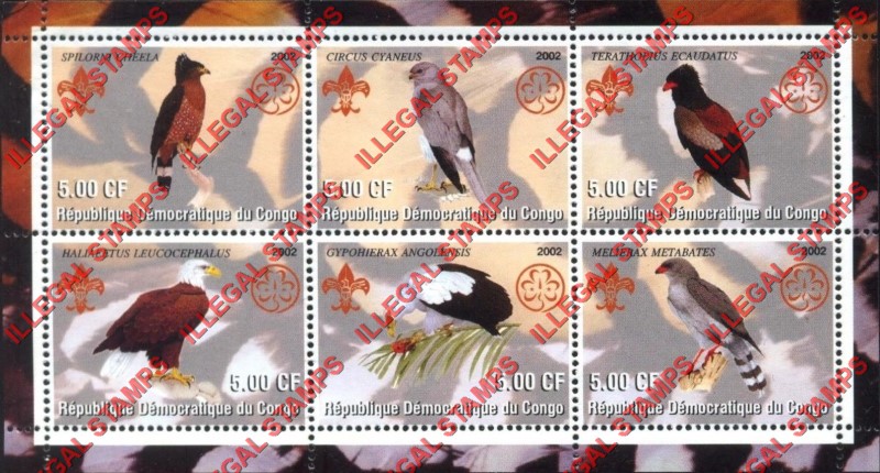 Congo Democratic Republic 2002 Birds Hawks Illegal Stamp Souvenir Sheet of 6 Congo Democratic Republic 2002 Birds Hawks Illegal Stamp Souvenir Sheet of 6