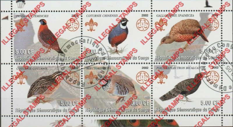 Congo Democratic Republic 2002 Birds Pheasants Illegal Stamp Souvenir Sheet of 6 Congo Democratic Republic 2002 Birds Pheasants Illegal Stamp Souvenir Sheet of 6