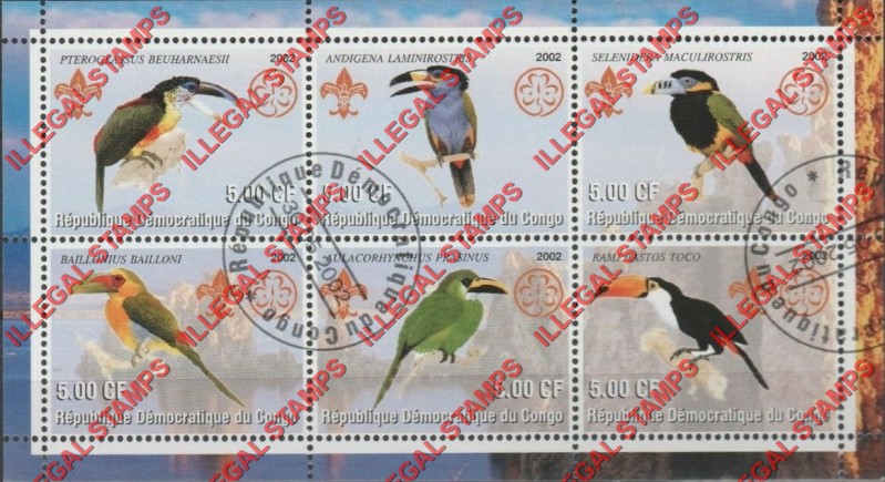 Congo Democratic Republic 2002 Birds Ramphastidae Illegal Stamp Souvenir Sheet of 6 Congo Democratic Republic 2002 Birds Ramphastidae Illegal Stamp Souvenir Sheet of 6