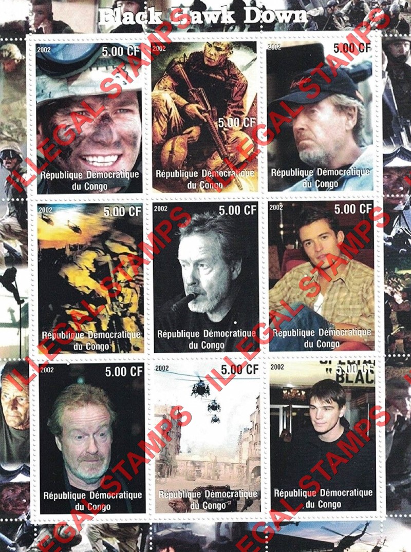 Congo Democratic Republic 2002 Black Hawk Down Illegal Stamp Sheet of 9 Congo Democratic Republic 2002 Black Hawk Down Illegal Stamp Sheet of 9
