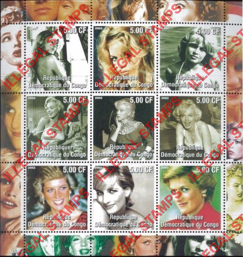 Congo Democratic Republic 2002 Blond Celebrities Illegal Stamp Sheet of 9 Congo Democratic Republic 2002 Blond Celebrities Illegal Stamp Sheet of 9