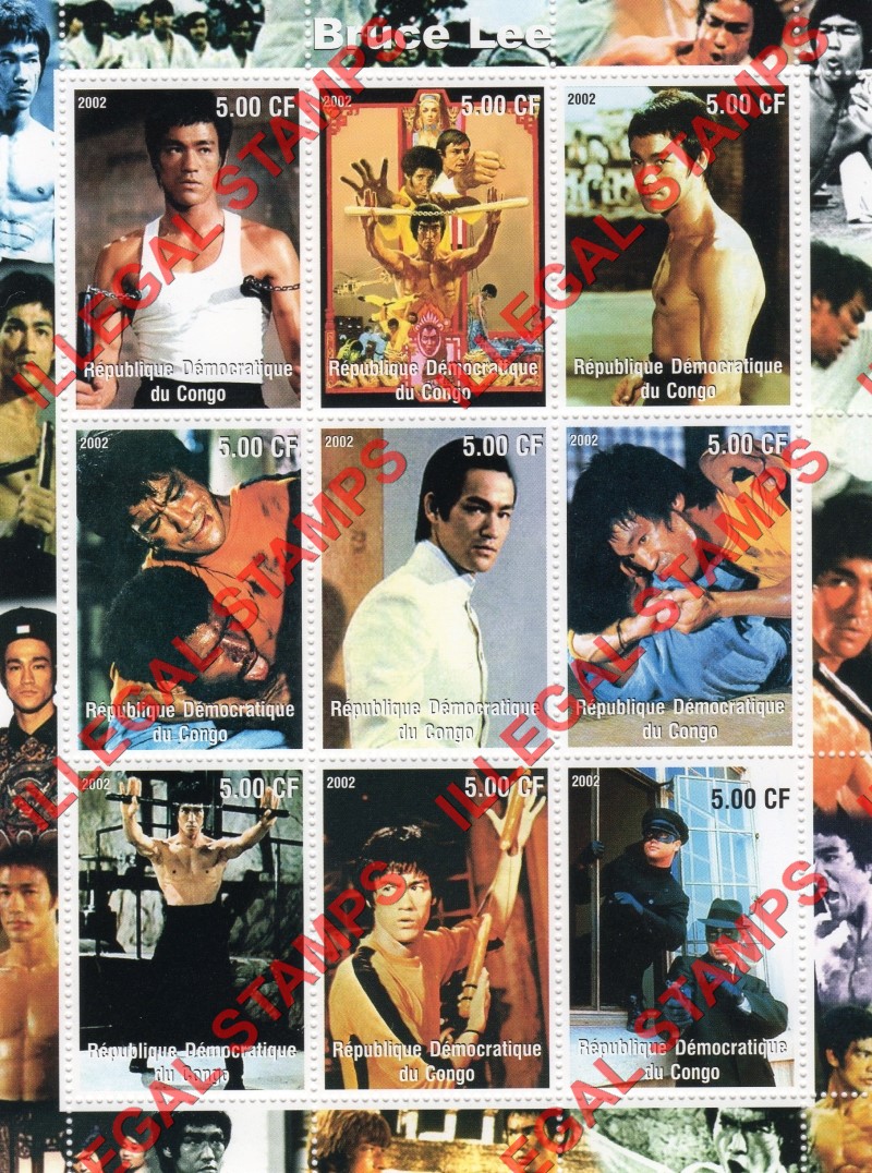 Congo Democratic Republic 2002 Bruce Lee Illegal Stamp Sheet of 9 Congo Democratic Republic 2002 Bruce Lee Illegal Stamp Sheet of 9
