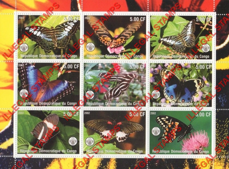 Congo Democratic Republic 2002 Butterflies Illegal Stamp Sheet of 9 Congo Democratic Republic 2002 Butterflies Illegal Stamp Sheet of 9