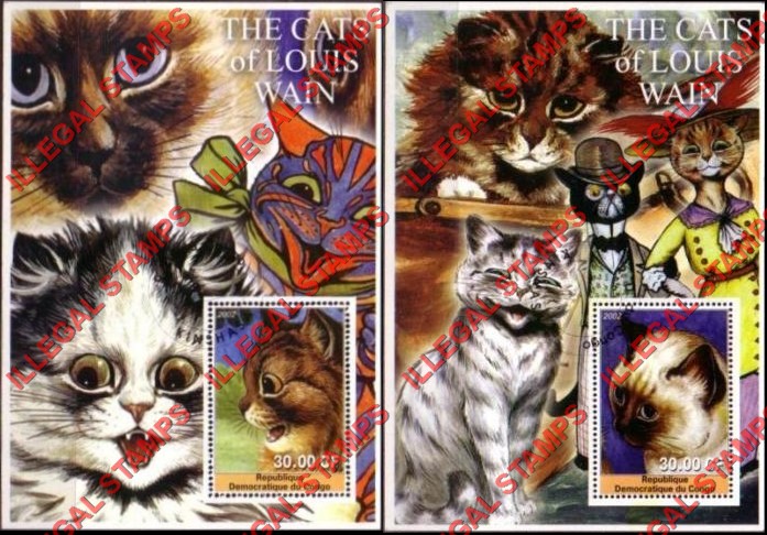 Congo Democratic Republic 2002 Cats of Louis Wain Illegal Stamp Souvenir Sheets of 1 Congo Democratic Republic 2002 Cats of Louis Wain Illegal Stamp Souvenir Sheets of 1