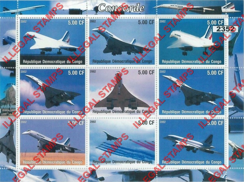 Congo Democratic Republic 2002 Concorde Illegal Stamp Sheet of 9 Congo Democratic Republic 2002 Concorde Illegal Stamp Sheet of 9