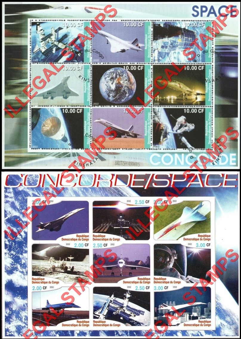Congo Democratic Republic 2002 Concorde Space Illegal Stamp Sheets of 9 Congo Democratic Republic 2002 Concorde Space Illegal Stamp Sheets of 9