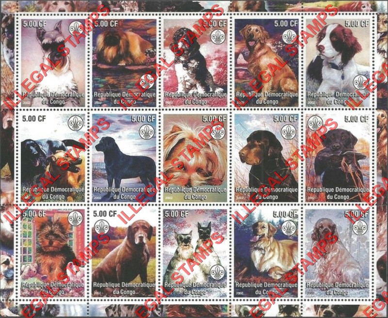 Congo Democratic Republic 2002 Dogs Illegal Stamp Sheet of 15 Congo Democratic Republic 2002 Dogs Illegal Stamp Sheet of 15