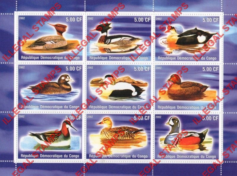 Congo Democratic Republic 2002 Ducks Illegal Stamp Sheet of 9 Congo Democratic Republic 2002 Ducks Illegal Stamp Sheet of 9