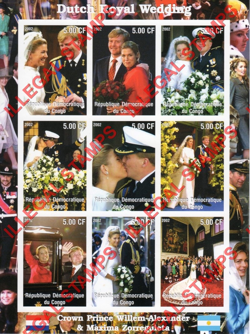 Congo Democratic Republic 2002 Dutch Royal Wedding Illegal Stamp Souvenir Sheet of 9 Congo Democratic Republic 2002 Dutch Royal Wedding Illegal Stamp Souvenir Sheet of 9