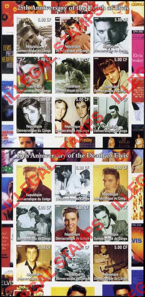Congo Democratic Republic 2002 Elvis Presley Illegal Stamp Sheets of 9 Congo Democratic Republic 2002 Elvis Presley Illegal Stamp Sheets of 9