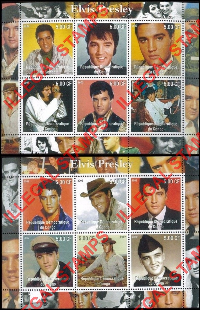 Congo Democratic Republic 2002 Elvis Presley Illegal Stamp Souvenir Sheets of 6 Congo Democratic Republic 2002 Elvis Presley Illegal Stamp Souvenir Sheets of 6