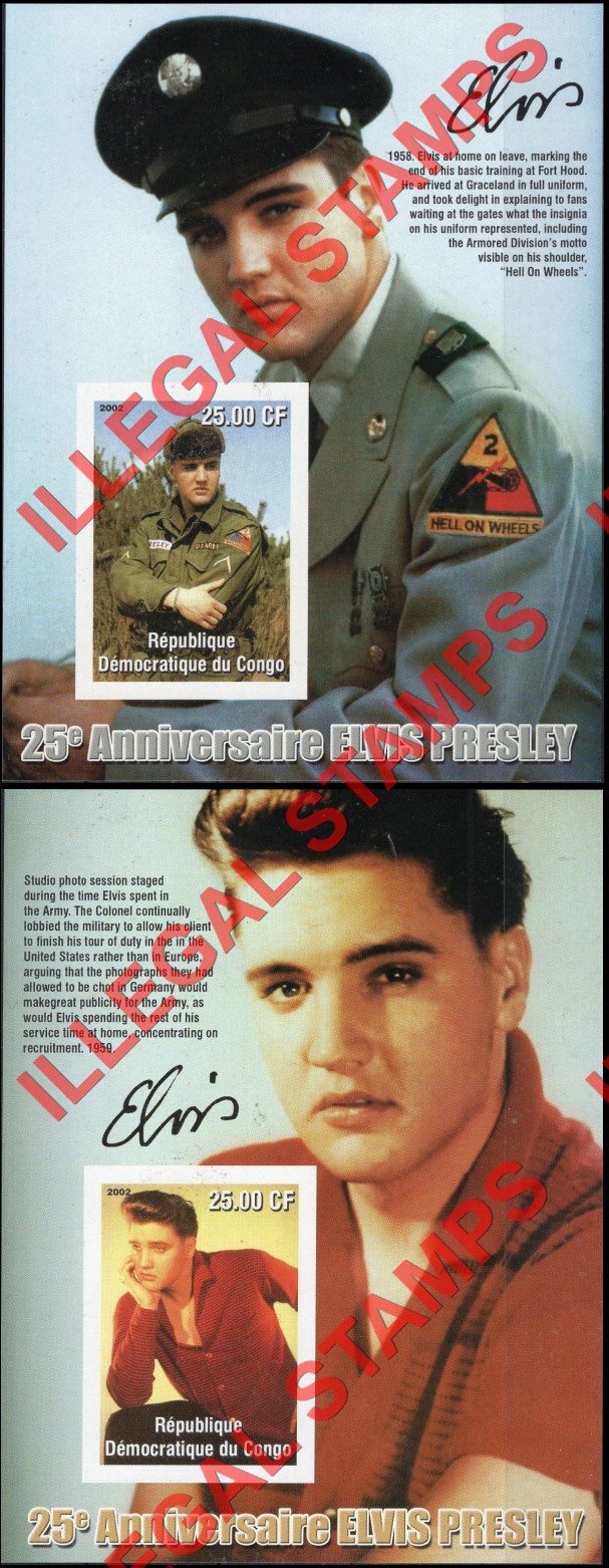 Congo Democratic Republic 2002 Elvis Presley Illegal Stamp Souvenir Sheets of 1 (Part 3) Congo Democratic Republic 2002 Elvis Presley Illegal Stamp Souvenir Sheets of 1 (Part 3)