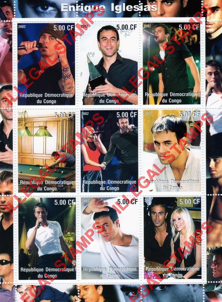 Congo Democratic Republic 2002 Enrique Iglesias Illegal Stamp Sheet of 9 Congo Democratic Republic 2002 Enrique Iglesias Illegal Stamp Sheet of 9