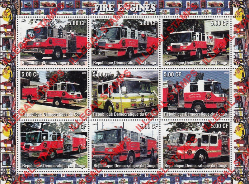 Congo Democratic Republic 2002 Fire Engines Illegal Stamp Sheet of 9 Congo Democratic Republic 2002 Fire Engines Illegal Stamp Sheet of 9